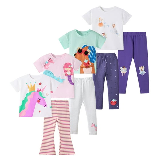 Bellafa Kids Toddler Girls Clothes 2-7 Years Outfits Unicorn Graphic Top + Pink Stripes Flare Leg Pants 2PC Summer Clothing Set