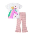 thumbnail image 1 of Bellafa Kids Toddler Girls Clothes 2-7 Years Outfits Unicorn Graphic Top + Pink Stripes Flare Leg Pants 2PC Summer Clothing Set, 1 of 9