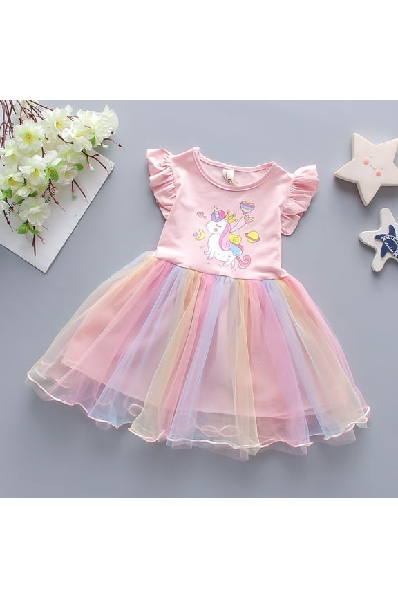 Little Girl Unicorn Tutu Dress Ruffle Sleeve Easter Cotton Rainbow Tulle Sundress Birthday Wedding Party Princess Dresses
