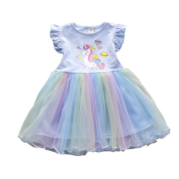 Bellafa Little Girl Unicorn Tutu Dress Ruffle Sleeve Easter Cotton Rainbow Tulle Sundress Birthday Wedding Party Princess Dresses