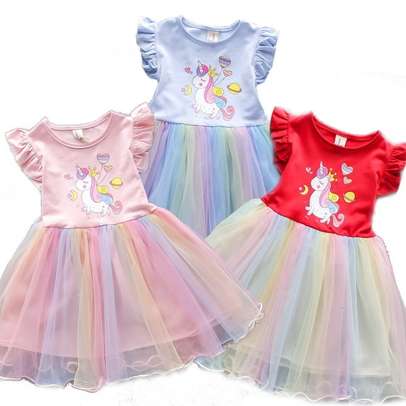 Bellafa Little Girl Unicorn Tutu Dress Ruffle Sleeve Easter Cotton Rainbow Tulle Sundress Birthday Wedding Party Princess Dresses