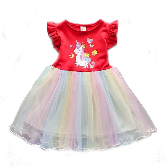Bellafa Little Girl Unicorn Tutu Dress Ruffle Sleeve Easter Cotton Rainbow Tulle Sundress Birthday Wedding Party Princess Dresses