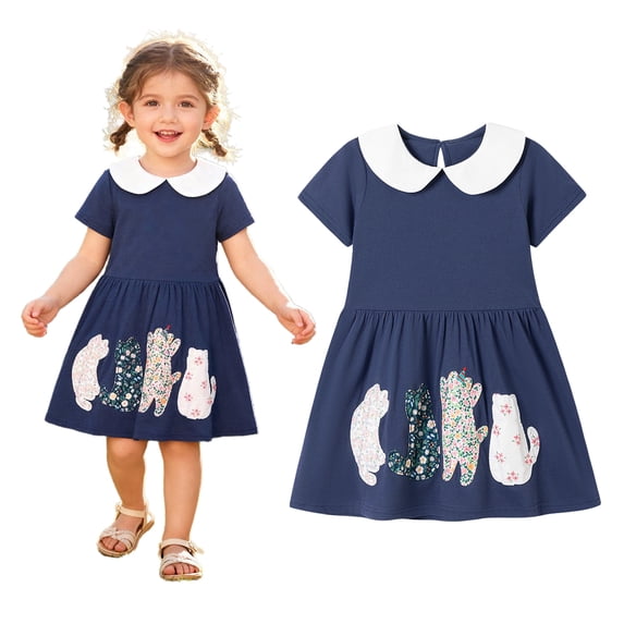Bellafa Little Girl's Appliuqe Cotton Summer Dress Toddler Short Sleeve Tiered Swing A-Line Casual Sundress 2-7 Years