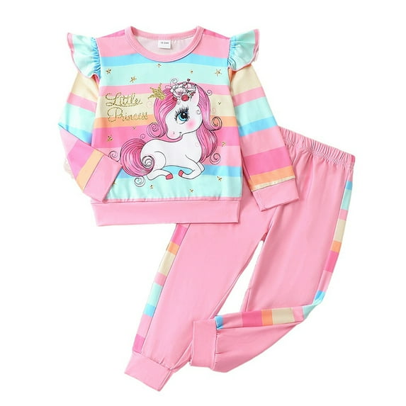 Bellafa Little Girls Rainbow Stripes Unicorn Sweatshirt and Jogger Pants Outfits Toddler Baby 2 Pieces Long Sleeve Fall Winter Clothes Set