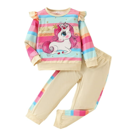 Bellafa Little Girls Rainbow Stripes Unicorn Sweatshirt and Jogger Pants Outfits Toddler Baby 2 Pieces Long Sleeve Fall Winter Clothes Set