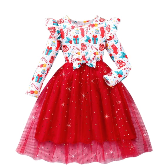 Bellafa Little Girls Ruffle Long Sleeve Tulle Dresses Toddler Kids Bowknot Red Xmas Wedding Birthday Party Sparkle Tutu Dress 1-6 Years