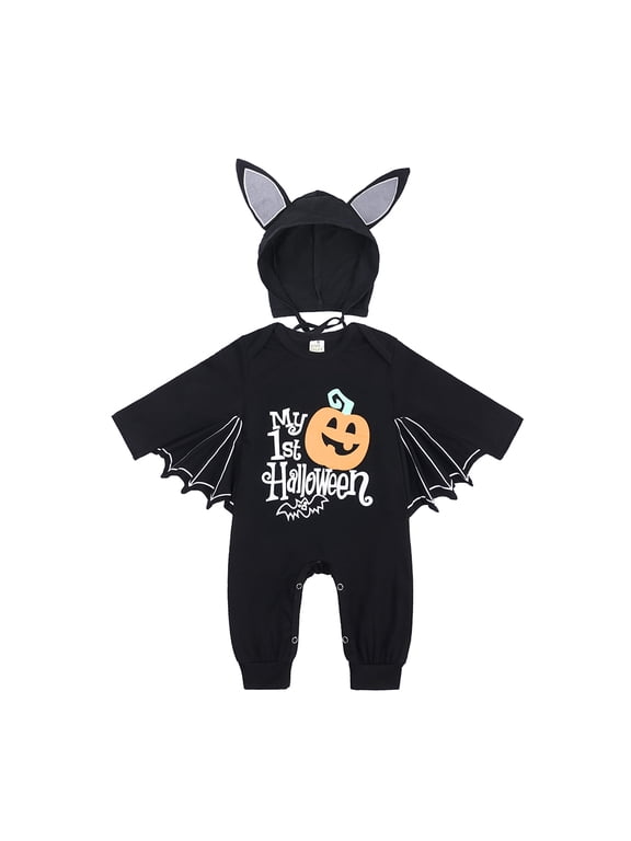Newborn Baby Boy Girl Halloween Bat Wing Romper Jumpsuit My First Halloween Infant Pumpkin Playsuit With Hat