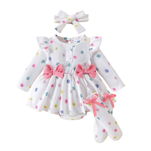 Bellafa Newborn Baby Girl Clothes Ruffle Floral Long Sleeve Romper Dress Hairband Socks 3Pcs Fall Winter Spring Outfits