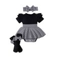 thumbnail image 1 of Bellafa Newborn Baby Girl Clothes Ruffle Floral Short Sleeve Romper Dress+Hairband+Socks 3Pcs Fall Winter Spring Outfits, 1 of 8