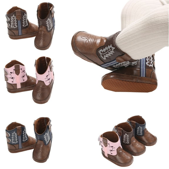 Bellafa Newborn Boys Girls Pu Leather Western Boots Cowboy Bootie Soft Sole Non-Slip Crib Shoes For Baby Infant 0-18 Months