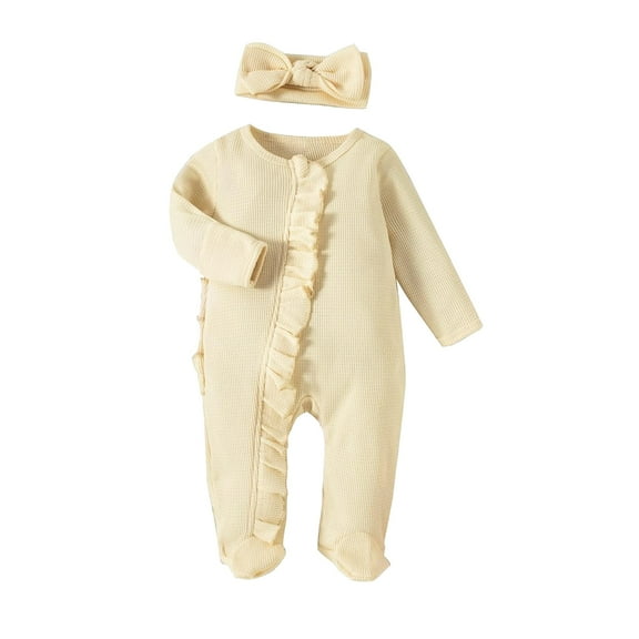 Bellafa Newborn Fall Winter Clothes Baby Girl Long Sleeve Romper Zipper Onesie Footies Jumpsuit   Headband 2Pcs Coming Home Outfit