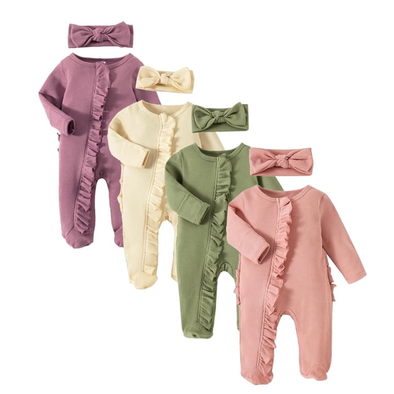 Bellafa Newborn Fall Winter Clothes Baby Girl Long Sleeve Romper Zipper Onesie Footies Jumpsuit + Headband 2Pcs Coming Home Outfit