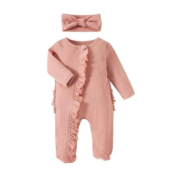 Bellafa Newborn Fall Winter Clothes Baby Girl Long Sleeve Romper Zipper Onesie Footies Jumpsuit   Headband 2Pcs Coming Home Outfit
