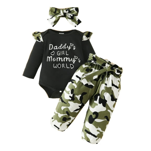 Bellafa Newborn Infant Girl Clothes Rib Knit Romper Camo Print Pants Headband Baby Outfits for Girls 0 3 6 12 18 Months