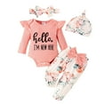 thumbnail image 1 of Bellafa Newborn Infant Girls 4Pcs Outfits Baby Girl Letters Ribbed Ruffle Romper+ Floral Pants+ Headband Hat Sets Fall Winter Clothes, 1 of 10