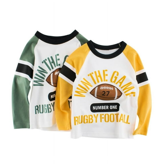 Bellafa Rugby Graphic Print Long Sleeve Tee For Boys 2-pack Set Boys Cotton Tops T-shirt Casual Sports Tee Shirt 2-8T