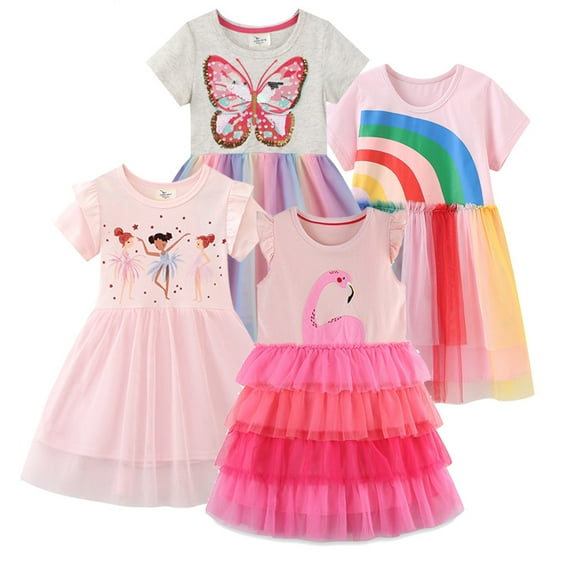 Bellafa Toddler And Little Girl's Short Sleeve Tutu Skater Child Kids Ruffle Tulle Sundress 2-7 Years