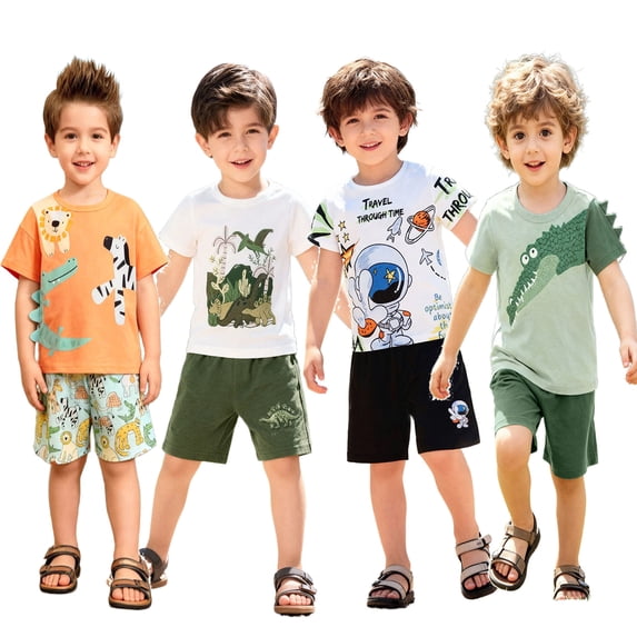 Bellafa Toddler Boy Clothes Kids Summer Cotton 2-Pieces Outfit Short Sleeve Crocodile Print Tops T-Shirt Shorts Set 2-7T