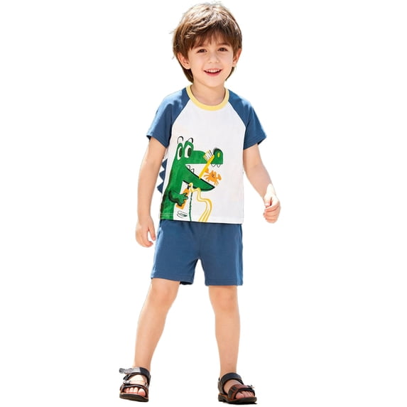 Bellafa Toddler Boys Cotton Short Sleeve T-Shirt and Elastic Waist Shorts Set 2-7 Years Kids Summer 2-pieces Outfits -Dinosaur
