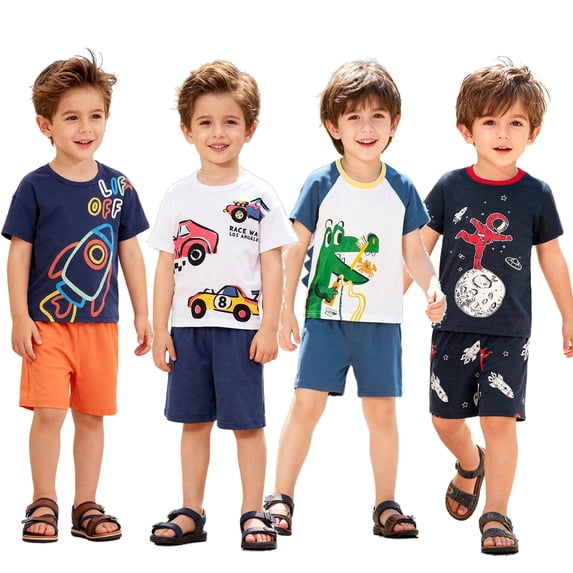 Bellafa Toddler Boys Cotton Short Sleeve T-Shirt and Elastic Waist Shorts Set 2-7 Years Kids Summer 2-pieces Outfits -Rocket