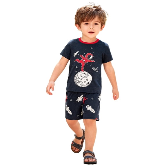 Bellafa Toddler Boys Cotton Short Sleeve T-Shirt and Elastic Waist Shorts Set 2-7 Years Kids Summer 2-pieces Outfits -Rocket