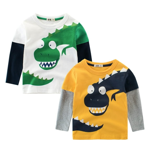 Bellafa Toddler Boys Long Sleeve Cotton T-shirt Fall Christmas Crew Neck Dinosaur Graphic Tops 2-Pack Set Tee Shirt 1-9T