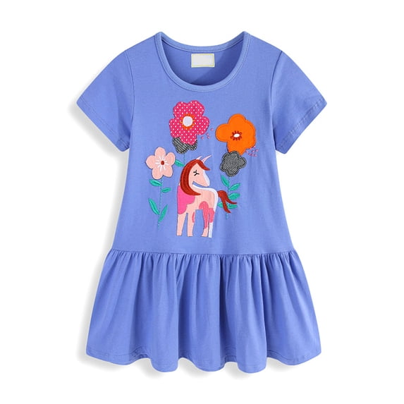 Bellafa Toddler Girl Casual Summer Cotton Dress Little Girls Ruffle Bottom Applique Short Sleeve Dresses 2-7 Years