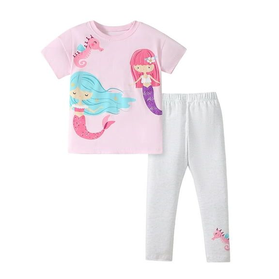 Bellafa Toddler Girl Clothes 2-7 Years Girls Outfit Short Sleeve Mermaid Graphic Top Long Pants 2Pcs Spring Summer Set