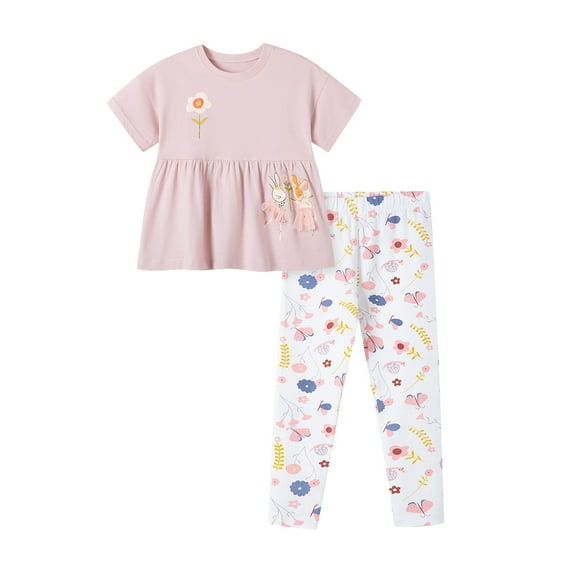 Bellafa Toddler Girl Clothes 2pcs Girl Spring Summer Outfit Ruffle Hem Short Sleeve Top and Bunny Graphic Long Pant 2-7 Years
