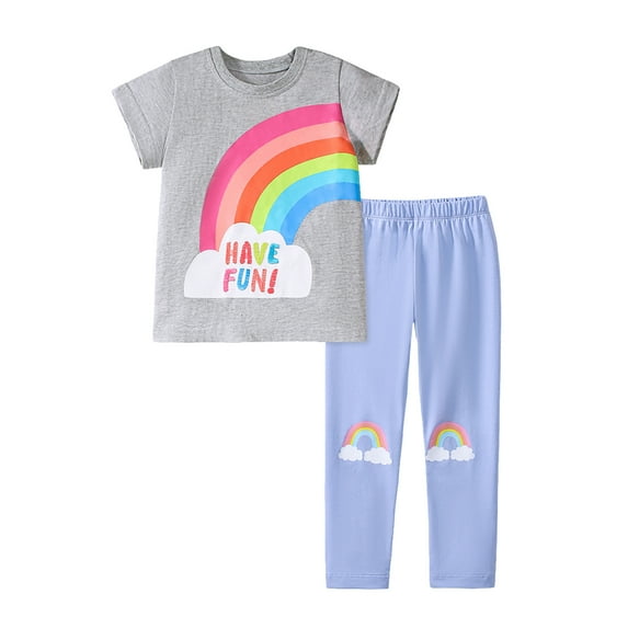 Bellafa Toddler Girl Clothes 2pcs Girl Spring Summer Outfit Ruffle Hem Short Sleeve Top and Bunny Graphic Long Pant 2-7 Years