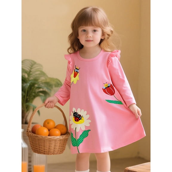 Bellafa Toddler Girl Long Sleeve Dress Stripe Flower Christmas Easter Cotton Casual Tunic Playwear Basic Shirt Party Dresses