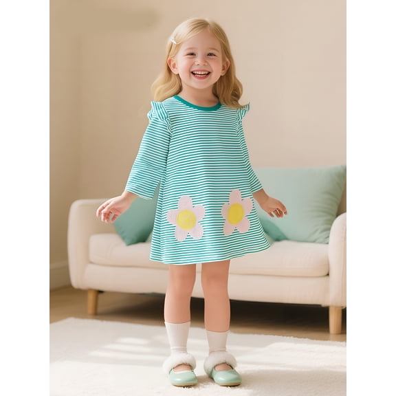Bellafa Toddler Girl Long Sleeve Dress Stripe Flower Christmas Easter Cotton Casual Tunic Playwear Basic Shirt Party Dresses