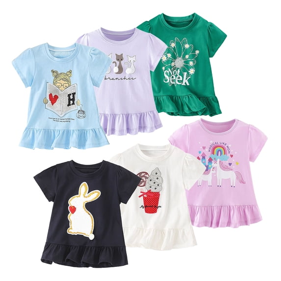 Bellafa Toddler Girl Short Sleeve Shirts Cotton Cartoon Graphic T-Shirts Kid Girls Crewneck Ruffle Hems Tees Tops for 3-20 Years