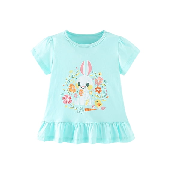 Bellafa Toddler Girl Short Sleeve Shirts Cotton Cartoon Graphic T-Shirts Kid Girls Crewneck Ruffle Hems Tees Tops for 3-8 Years
