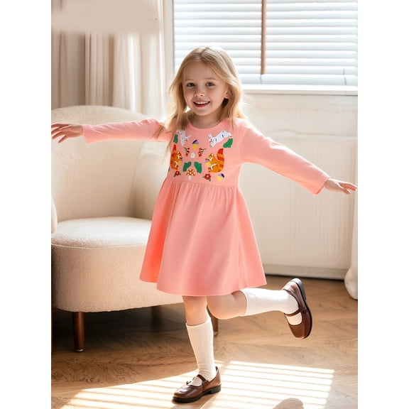 Bellafa Toddler Girl's Long Sleeve Dresses 2-7Y Kids 100% Cotton Applique Skirt Dress Baby Spring Fall Casual Dress