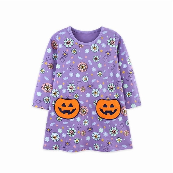 Bellafa Toddler Girls 100% Cotton Embroidery Applique Long Sleeve Dresses 2-7 Years Girl Kids A-line Halloween Pumpkin Party Dresses