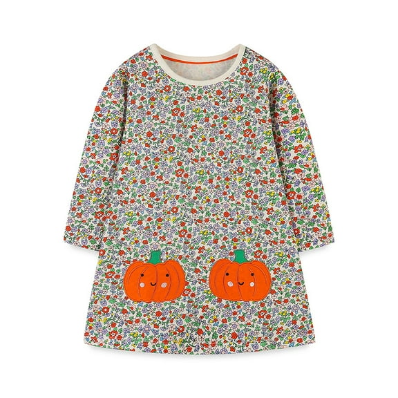Bellafa Toddler Girls 100% Cotton Embroidery Applique Long Sleeve Dresses 2-7 Years Girl Kids A-line Halloween Pumpkin Party Dresses