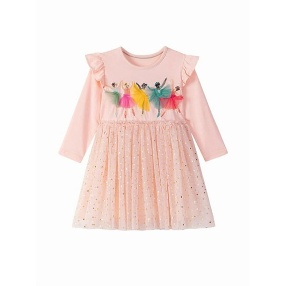 Bellafa Toddler Girls Casual Fairy Applique Tulle Dress Ruffle Long Sleeve Princess Girls Sparkle Tutu Dress For 2-7 Years