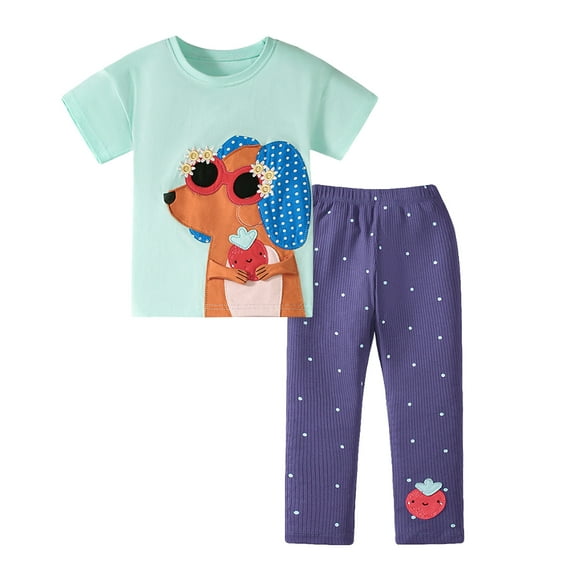 Bellafa Toddler Girls Clothes 2-7 Years Outfits Cartoon Mouse Graphic Tops + Polka Dot Long Pants 2PC Summer Clothing Set