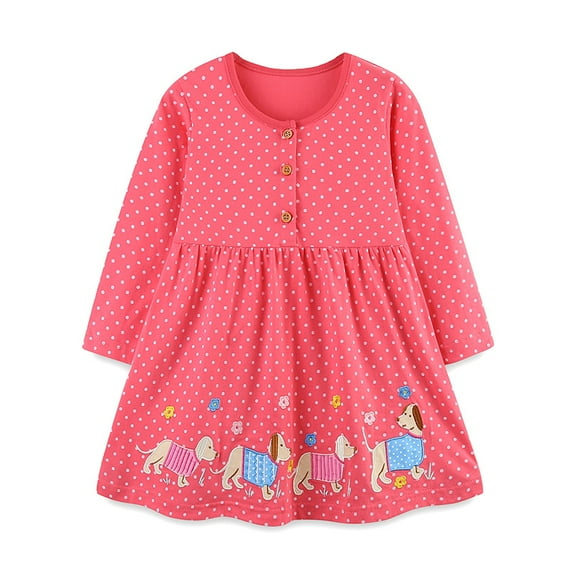 Bellafa Toddler Girls Embroidery Applique Long Sleeve Dresses 2-7T Little Kids Casual Cotton Button Down Neck Party Dress