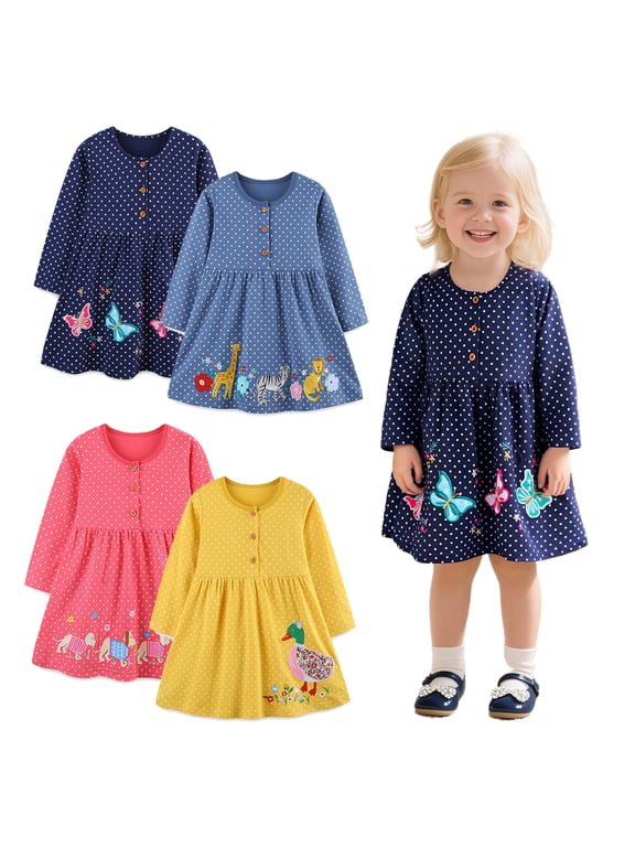 Toddler Girls Embroidery Applique Long Sleeve Dresses 2-7T Little Kids Casual Cotton Button Down Neck Party Dress