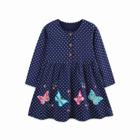 Bellafa Toddler Girls Embroidery Applique Long Sleeve Dresses 2-7T Little Kids Casual Cotton Button Down Neck Party Dress