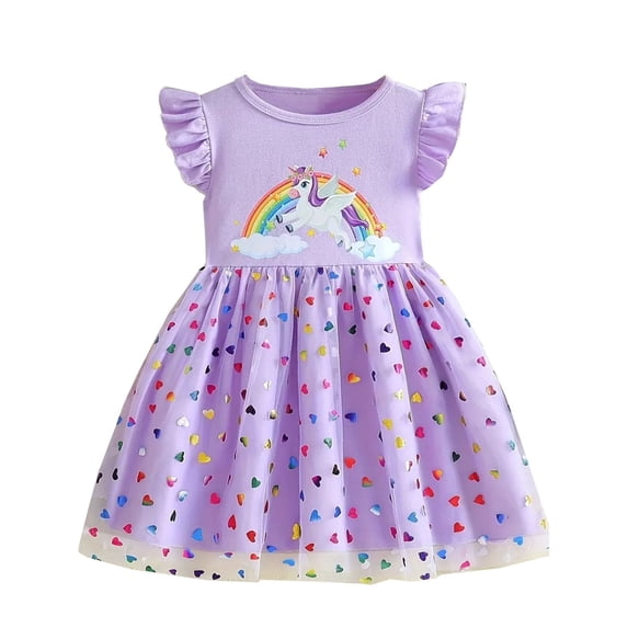 Beilxfa Toddler Girls Rainbow Unicorn Summer Dress Ruffled Sleeve Sequin Loves Tulle Dress 1-6 Years