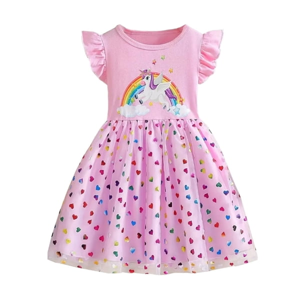Beilxfa Toddler Girls Rainbow Unicorn Summer Dress Ruffled Sleeve Sequin Loves Tulle Dress 1-6 Years