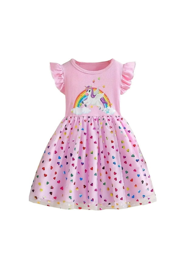 Toddler Girls Rainbow Unicorn Summer Dress Ruffled Sleeve Sequin Loves Tulle Dress 1-6 Years
