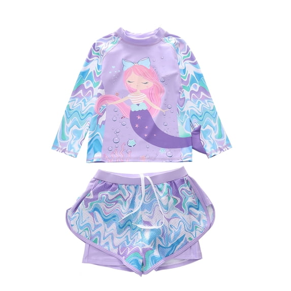 Bellafa Toddler Girls Rash Guard Bathing Suit Mermaid Long Sleeve Two Piece Swimsuit with Shorts UPF 50+ 3-9 Years Summer Beachwear