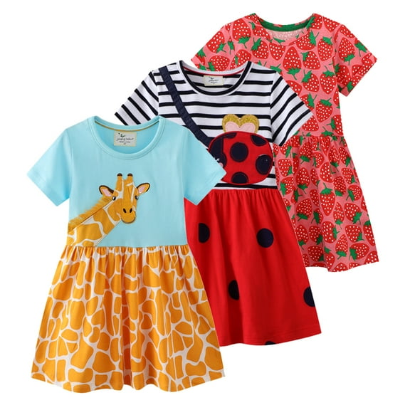 Bellafa Toddler Kids Short Sleeve Cotton Dresses For 2-7 Years Girls Appliques Jersey Dress Cartton Griaffe Sundress 2T