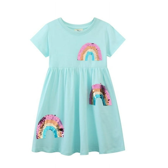 Bellafa Toddler Little Girl's Cotton Short Sleeve Sequin Rainbow Appliques Jersey Dresses 3T