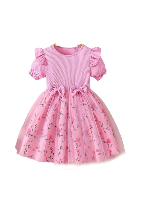 Toddler Tutu Jersey Dress Little Girls Fluffy Bowknot Summer Dresses Casual Party Tulle Sundress for Kids 2-6Y-Floral