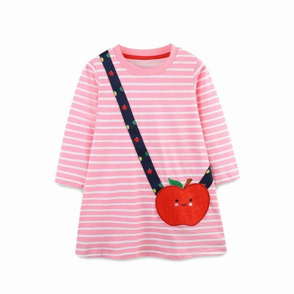Bellafa Toldler Girls Cotton Long Sleeve Casual Cartoon Appliques Striped Jersey Dress Kids Pink Tunic Party Dresses 2-7 Years